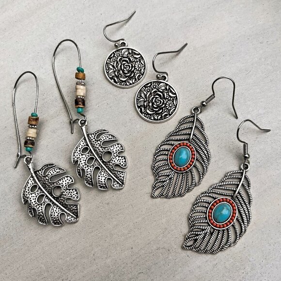 Boutique Jewelry - Leaf Drop Earrings Set of Three | Boho Silver Mix